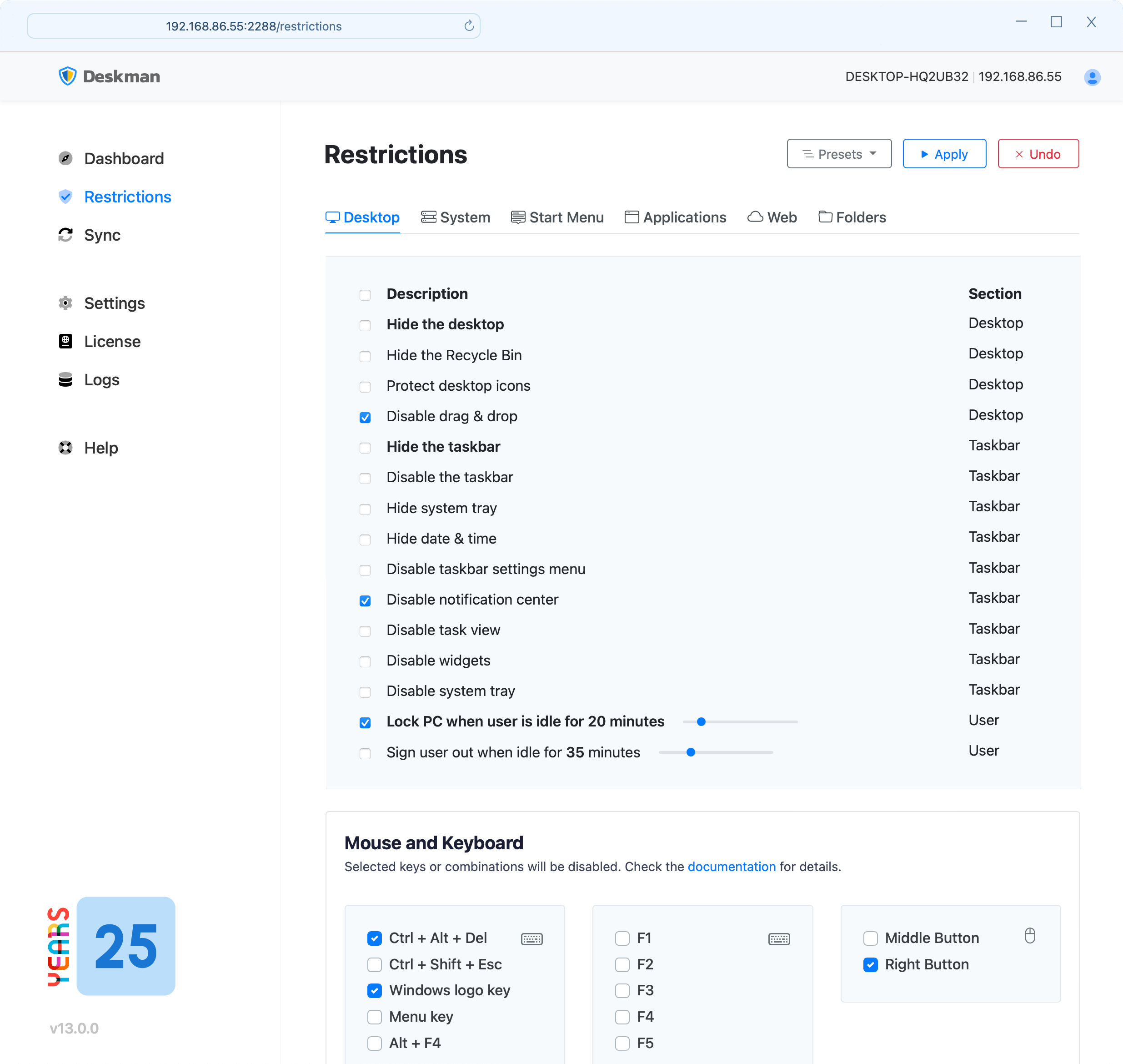 Deskman Desktop Restrictions